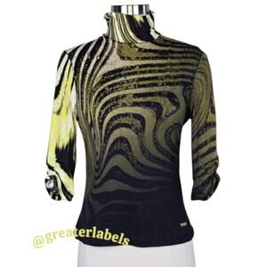 Roberto Cavalli Vintage Mock Neck Stretch Top Signed Print Size M RARE